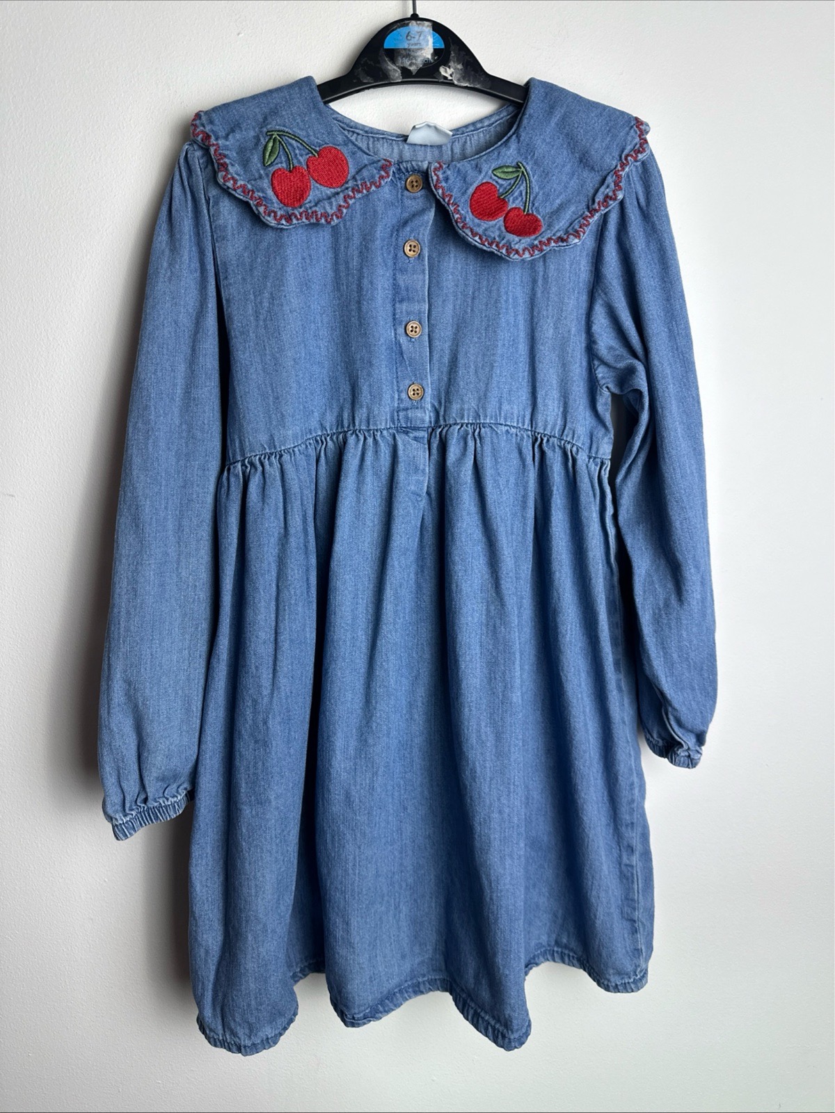 NEXT Girls Blue Denim Dress Age 6-7 122cm Cherry Embroidered Collar 100% Cotton