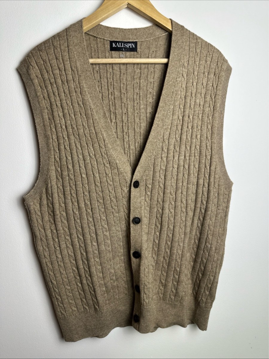 KALISPIN Cashmere Wool Knit Sweater Vest Men’s L Cable Knit Button Front Beige Waistcoat