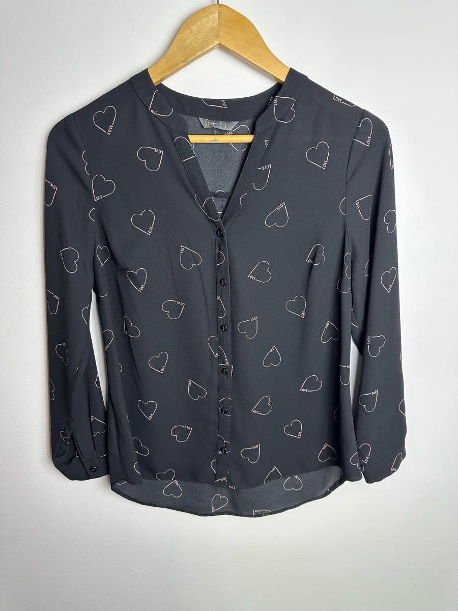 Papaya Petite Women’s Black Heart Print Blouse UK 8 Long Sleeve Button Front