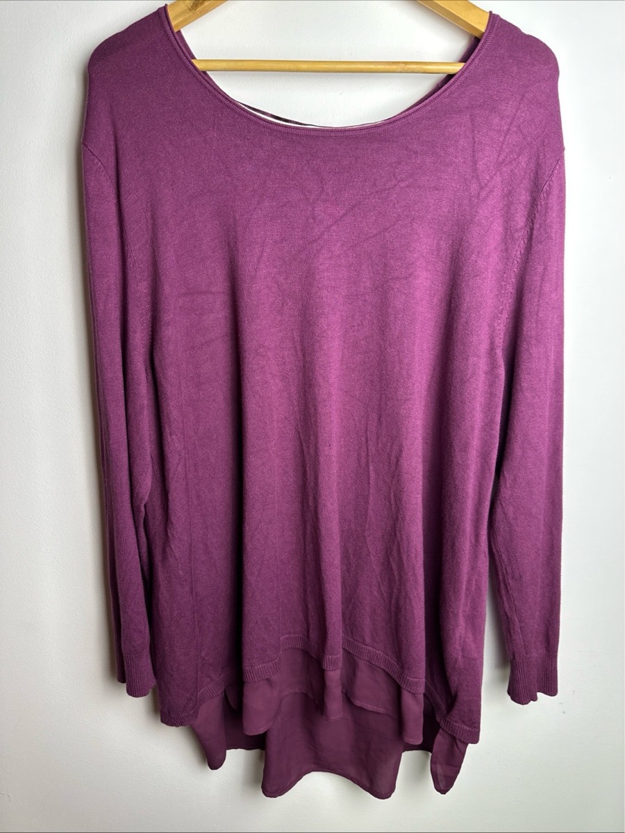 Samoon Gerry Weber Purple Knit Tunic UK 22 EU 48 Chiffon Hem Zip Back Long Sleeve