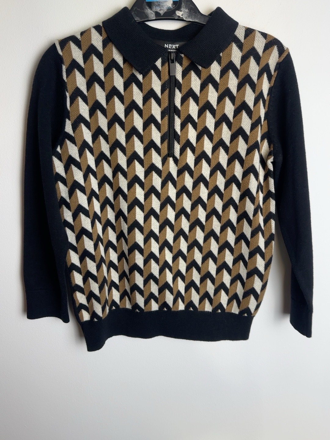 Next Boys Black Brown Geometric Knit Jumper 3 Years 98cm 100% Cotton Zip