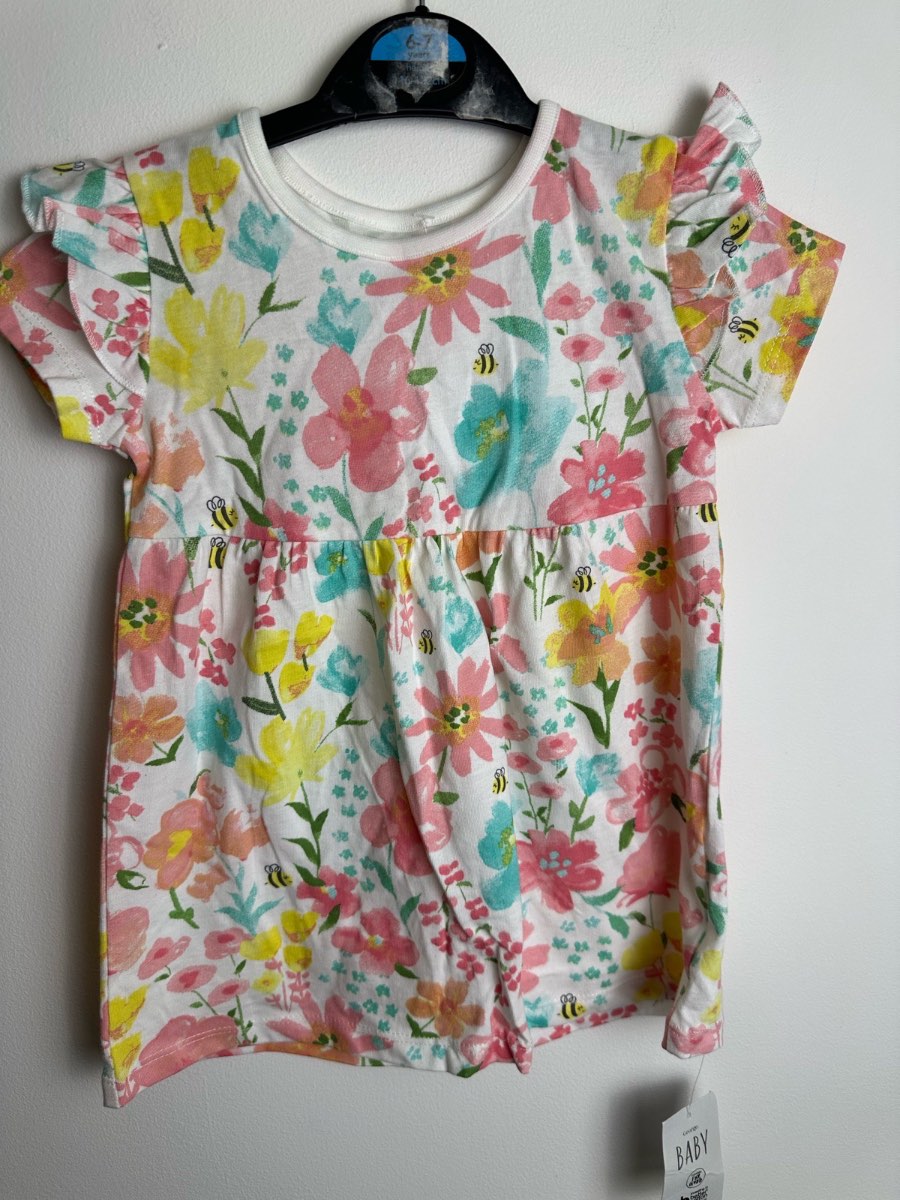 Baby Floral Dress 9-12 Months White Pink Yellow Flutter Sleeve Summer BNWT