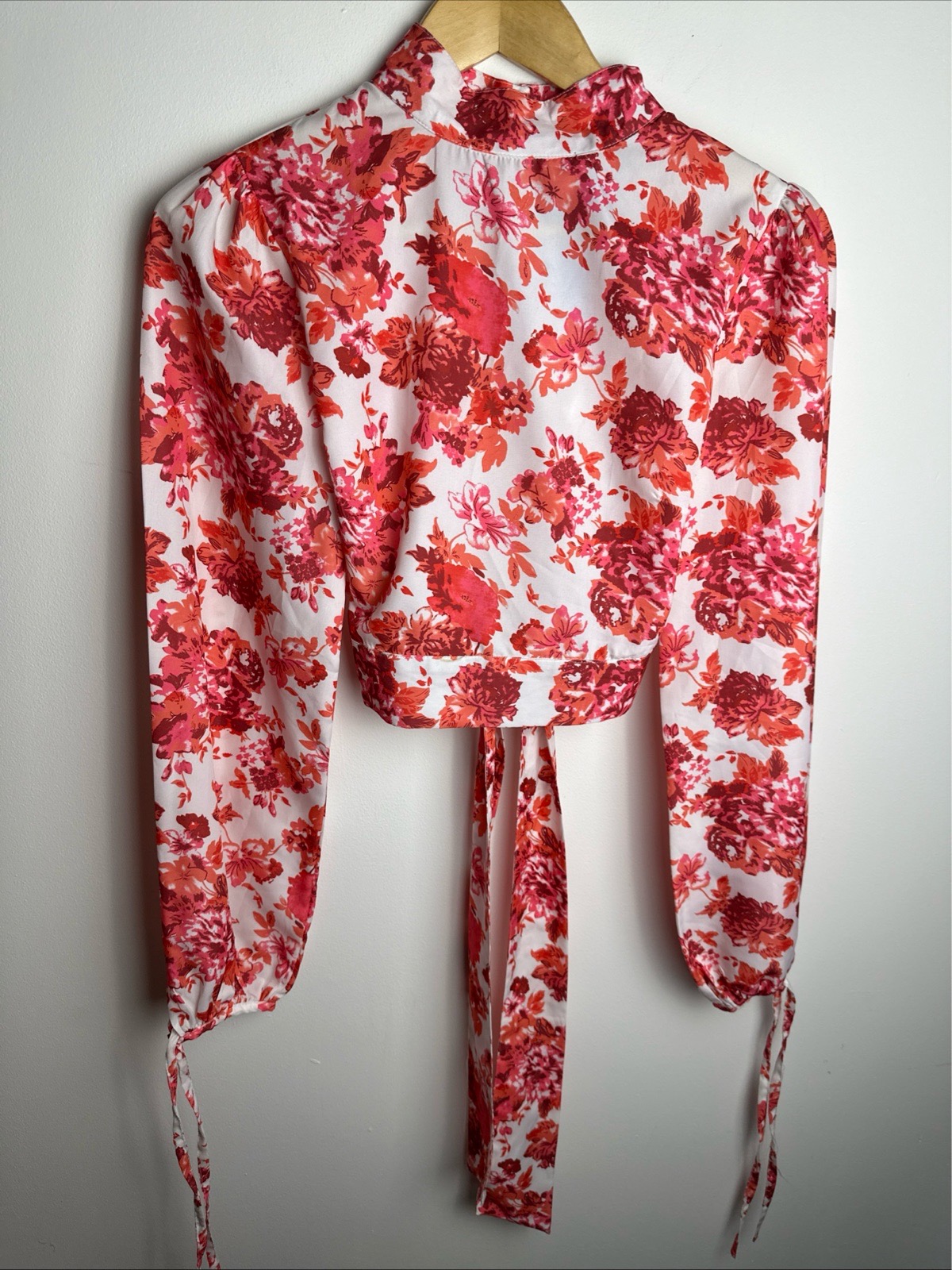 Boohoo Women’s Floral Open Back Tie Blouse Long Sleeve Pink Red UK 6