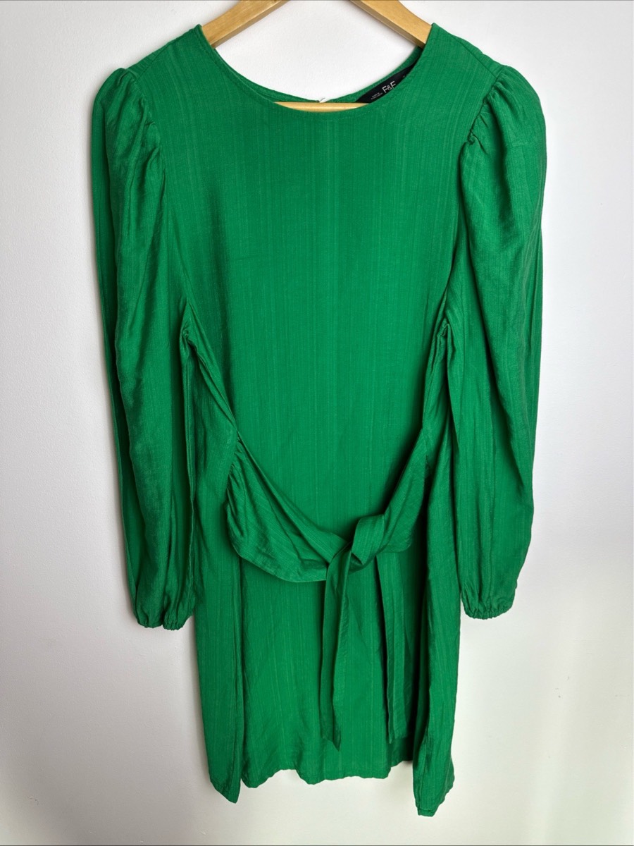 F&F Women’s Green Tie Waist Mini Dress UK 10 Long Sleeve Textured Shift Dress