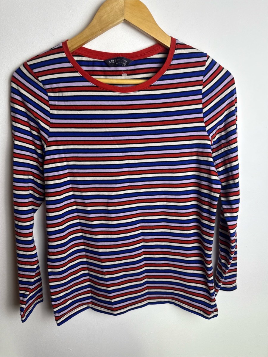 Marks & Spencer M&S Collection Striped Long Sleeve Top UK 14 Red Blue White Cotton