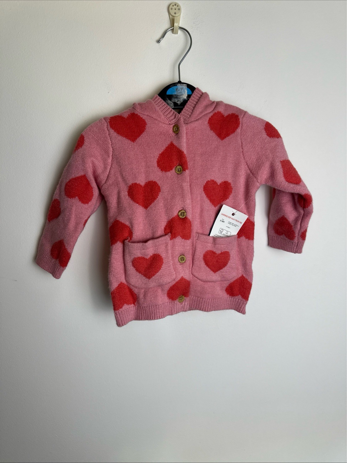 F&F Baby Girls Pink Heart Knitted Hooded Coat Cardigan 3-6 Months