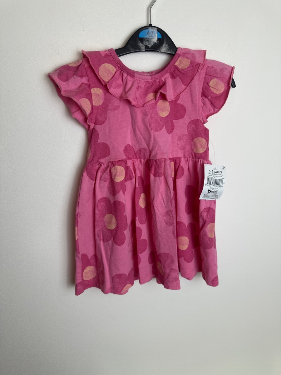 Matalan Baby Girls Pink Floral Dress 6-9 Months Frill Sleeve Cotton NWT