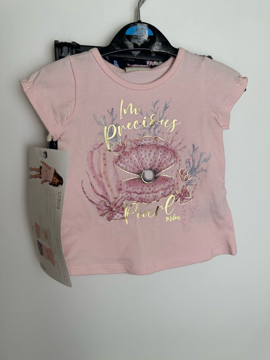 Milon Girls 2 Piece Outfit Pink T-Shirt & Shell Print Shorts Set 6-9 Months BNWT