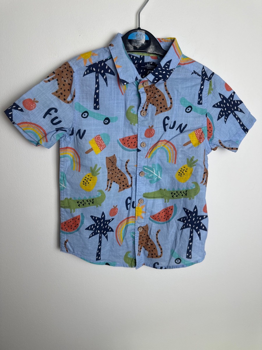 Next Boys Safari Animal Print Shirt 2-3 Years Blue Short Sleeve Cotton