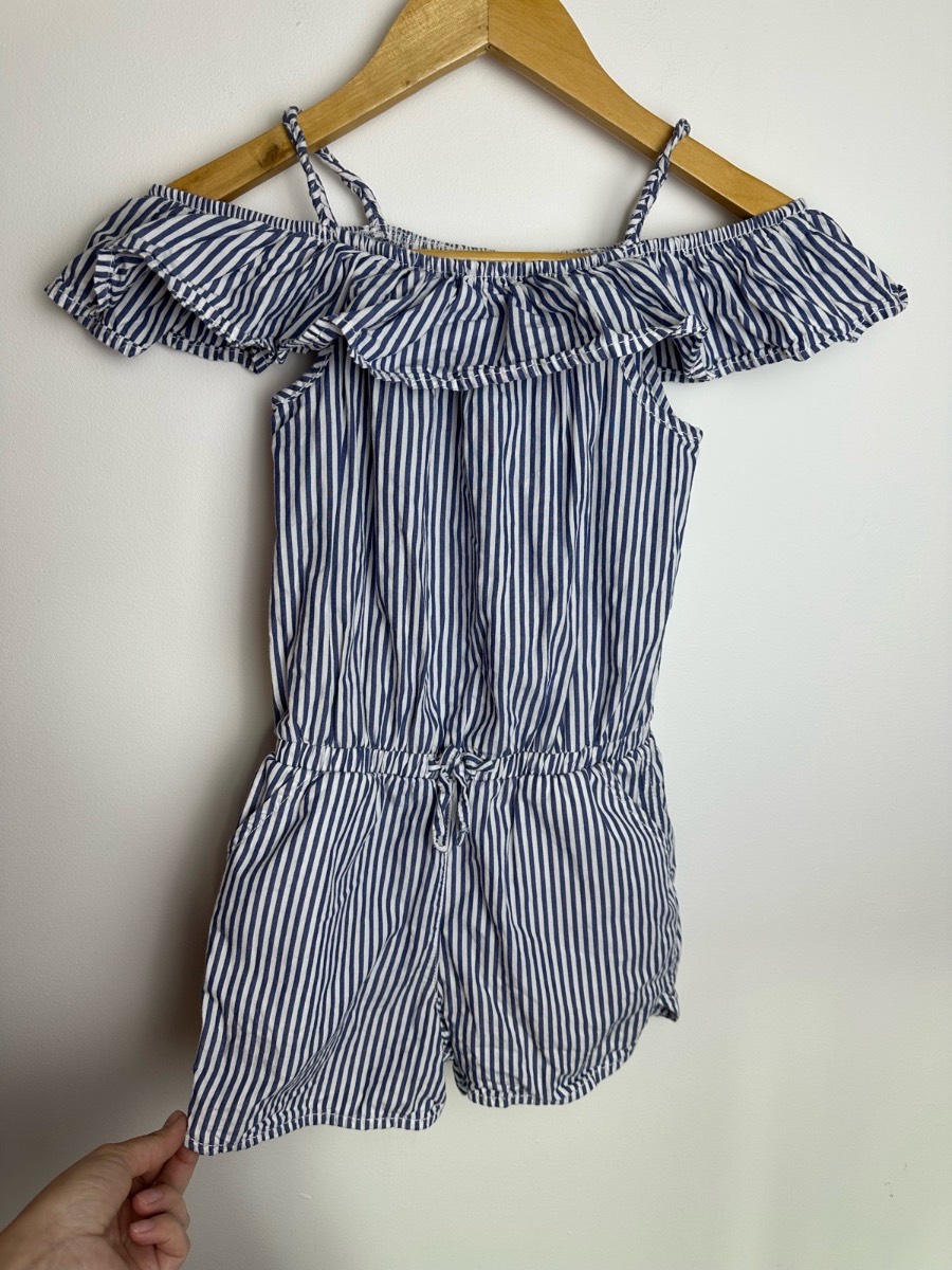Next Girls Blue White Stripe Off Shoulder Playsuit Age 8 Years 100% Cotton Summer