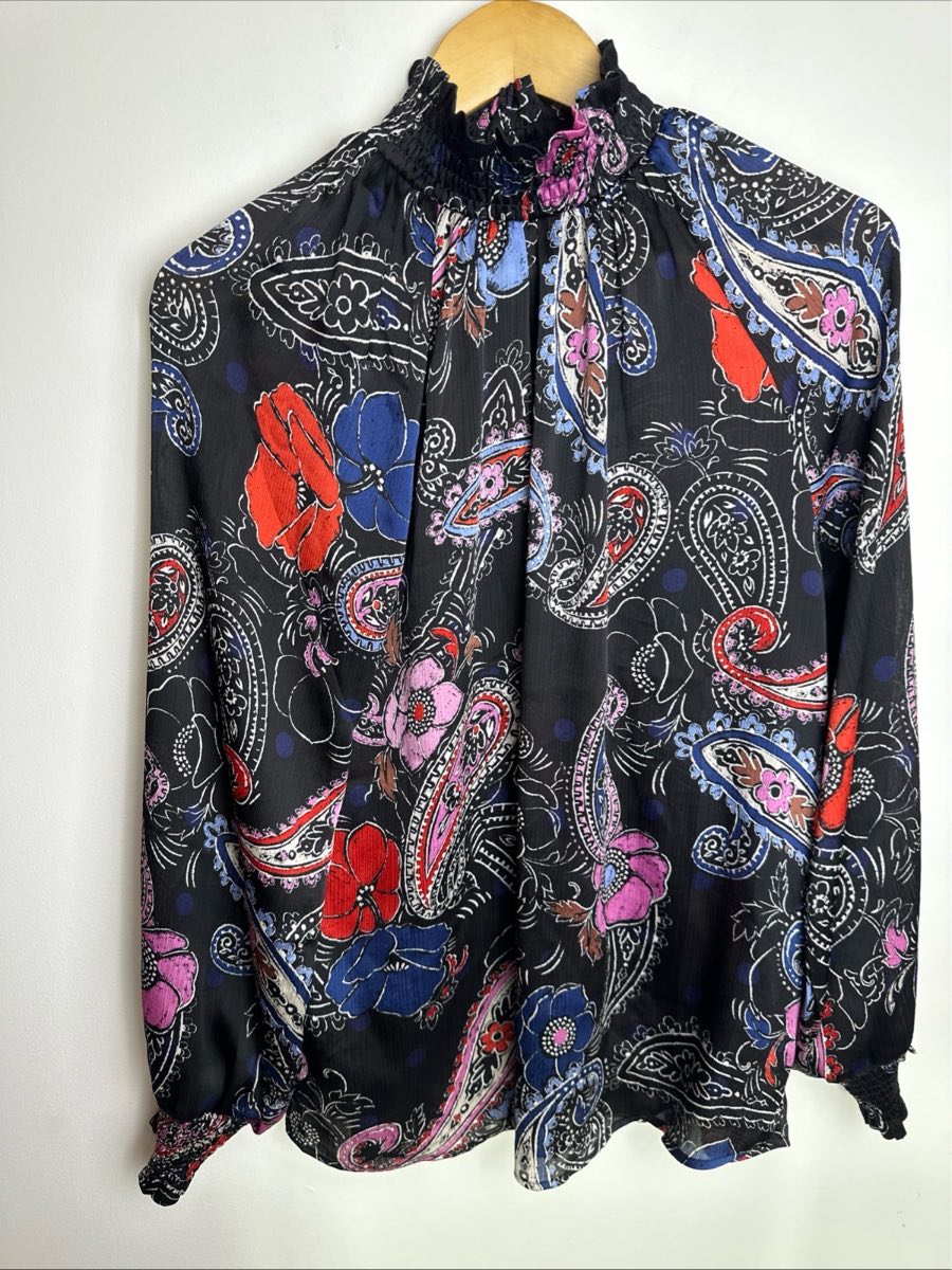 Next Women’s Paisley Floral High Neck Blouse UK 12 EU 40 Long Sleeve Black Boho
