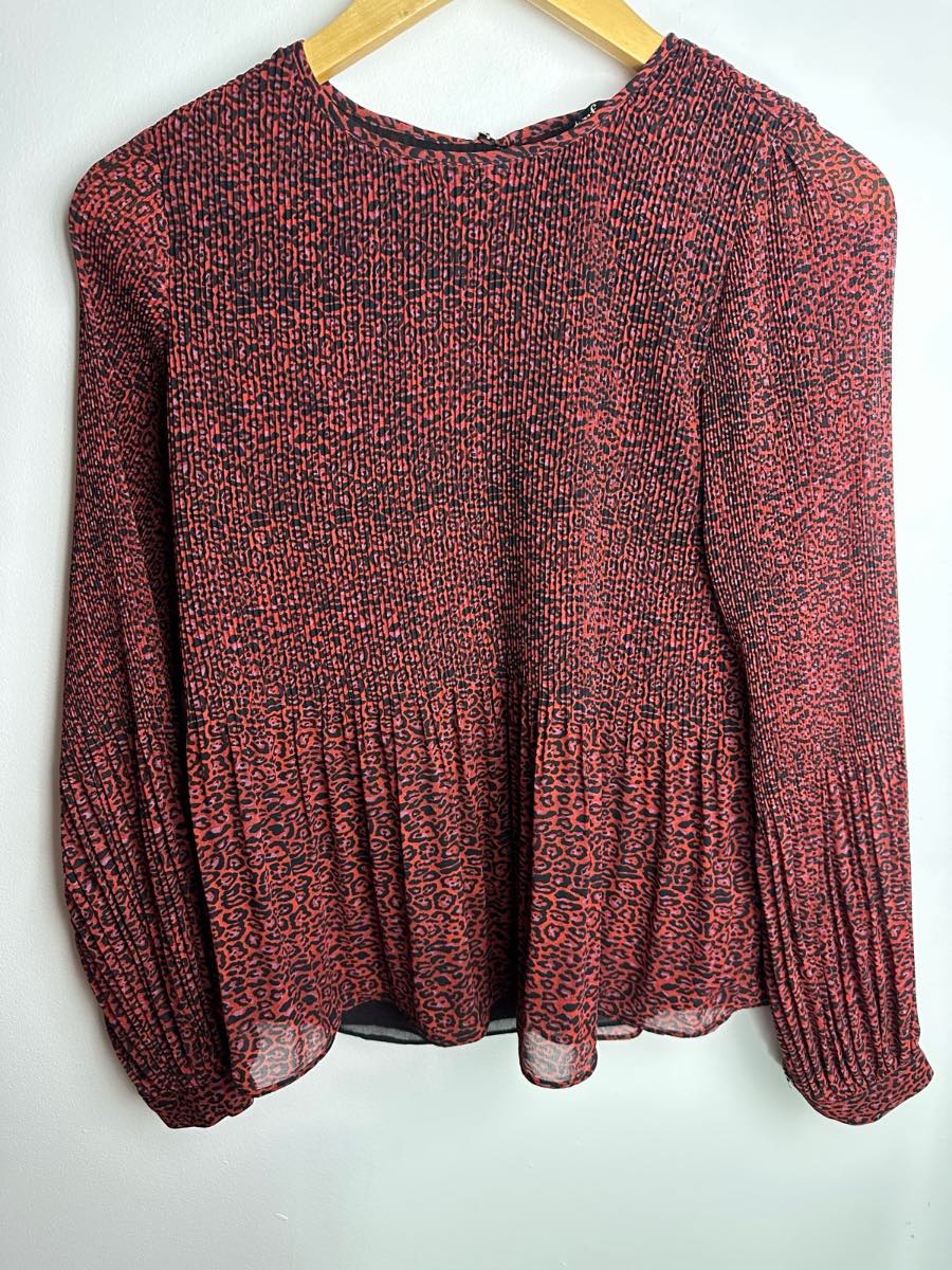 Zara TRF Red Black Leopard Print Pleated Blouse Size S Long Sleeve Top