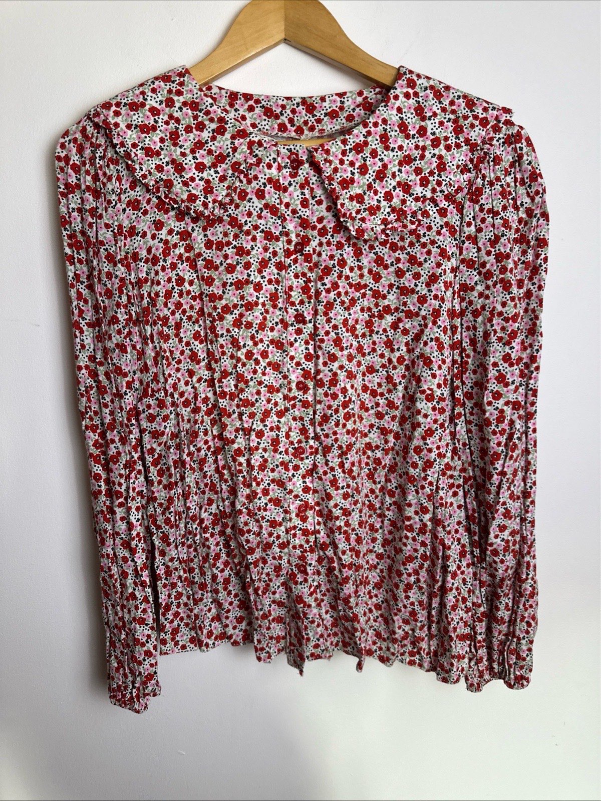 George Red Floral Peter Pan Collar Blouse Size 14 Long Sleeve