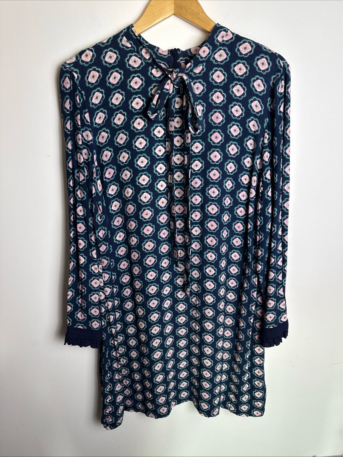 M&S Limited Edition Dress UK 16 Navy Pink Floral Print Tie Neck Long Sleeve