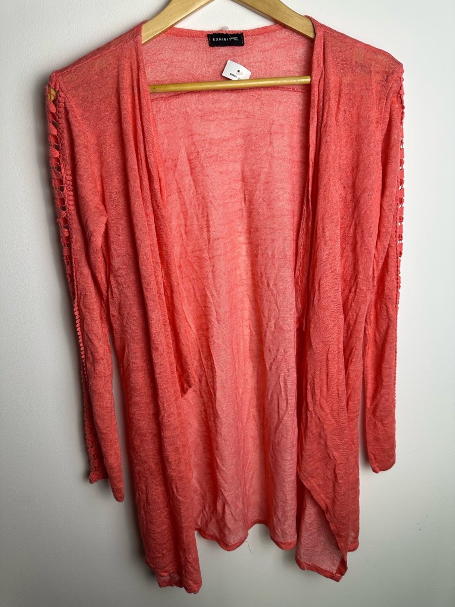Exhibit WL Coral Waterfall Cardigan Women’s Lightweight Open Front Crochet Detail Made in Italy