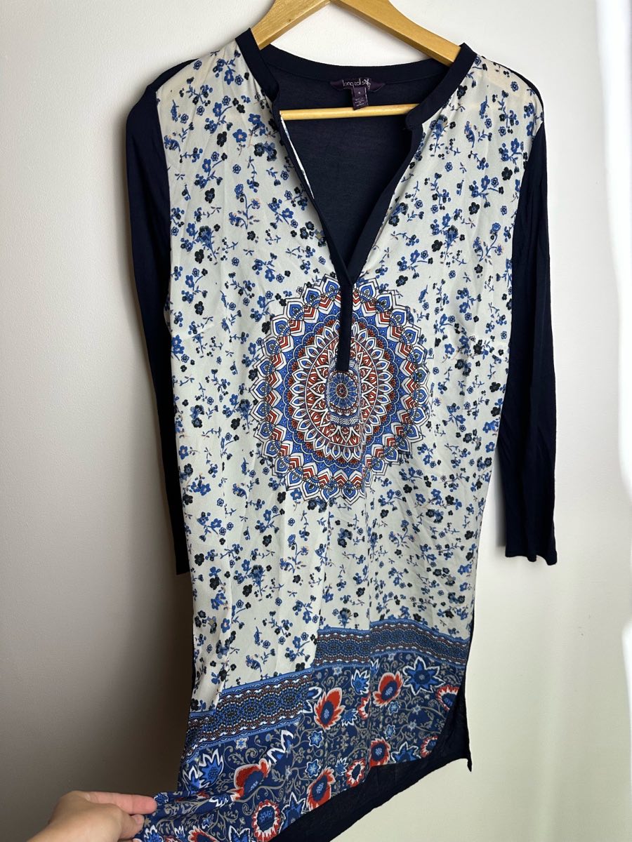 Long Tall Sally Women’s Printed Tunic Dress Top Blue White Boho Long Sleeve Size S