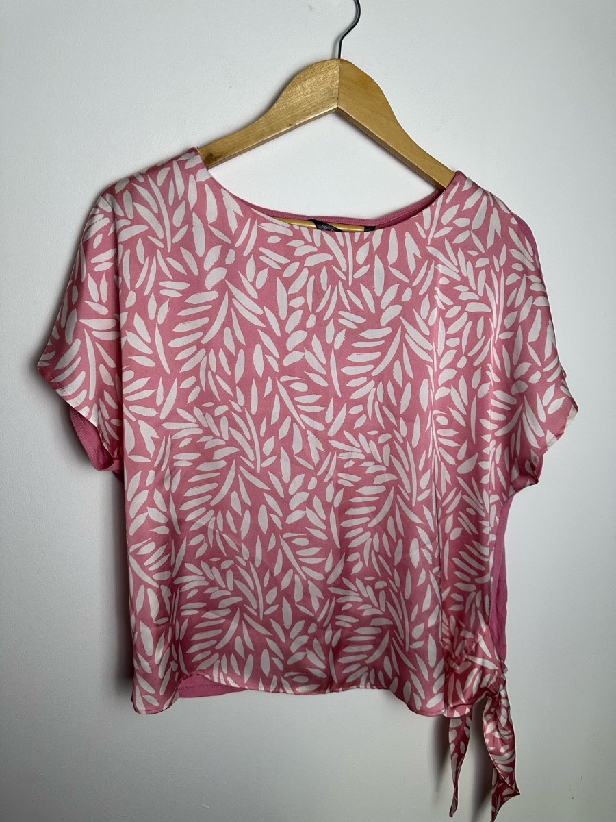 Dunnes Stores Pink Leaf Print Tie Side Top Size M