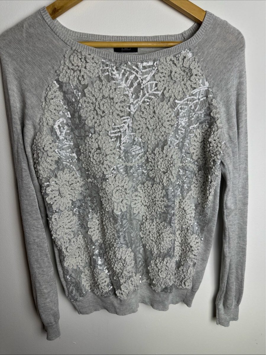 F&F Grey Floral Sequin Jumper Size UK 14 Knit Embellished Long Sleeve Sweater