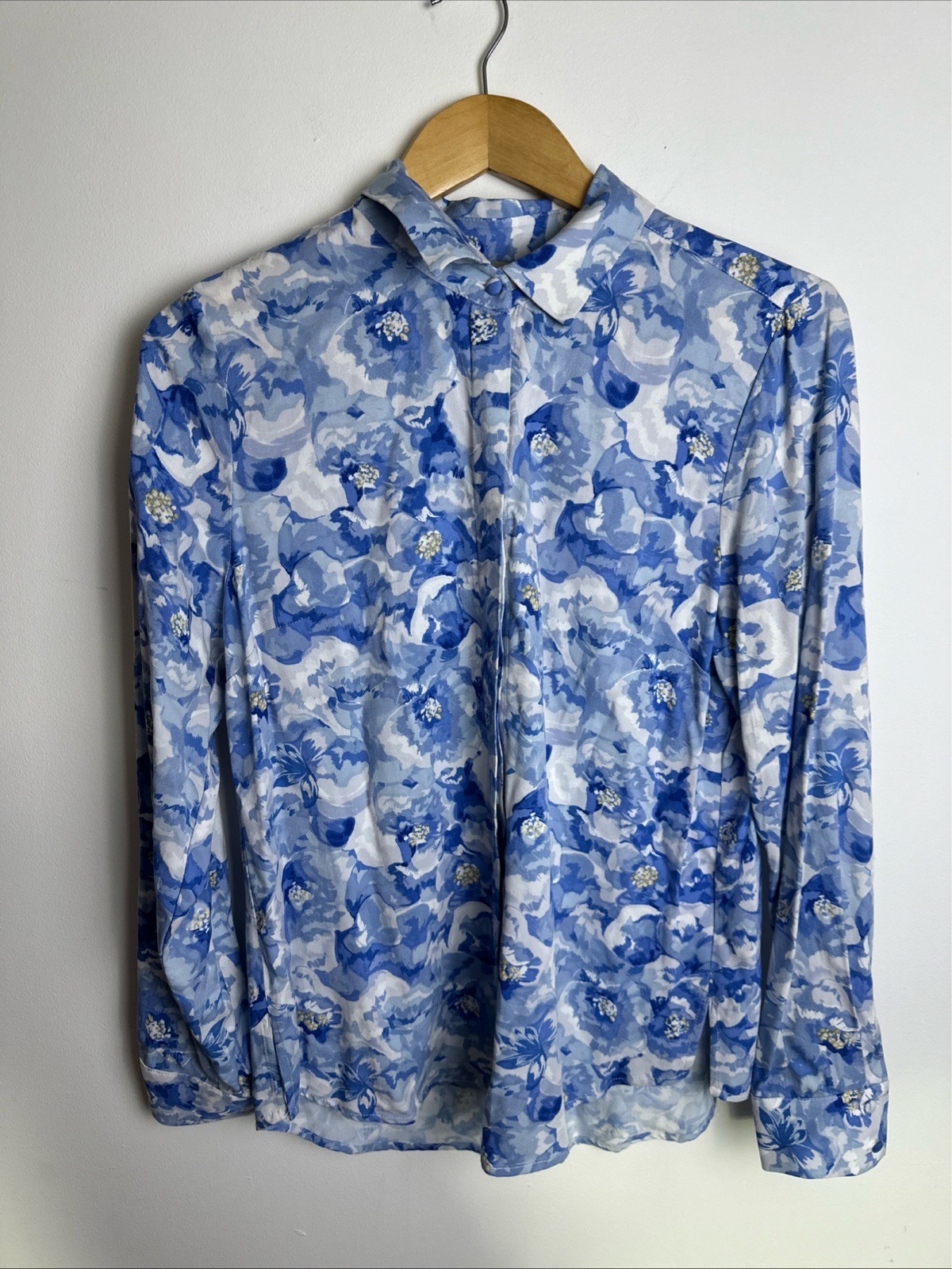 Paul Costelloe Living Studio Womens Floral Shirt UK 10 Blue White Long Sleeve