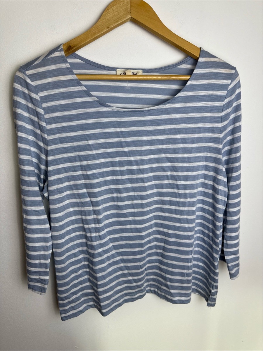 Cambridge Dry Goods Women’s Blue White Striped Top UK 14 EU 40 Cotton Modal 3/4 Sleeve