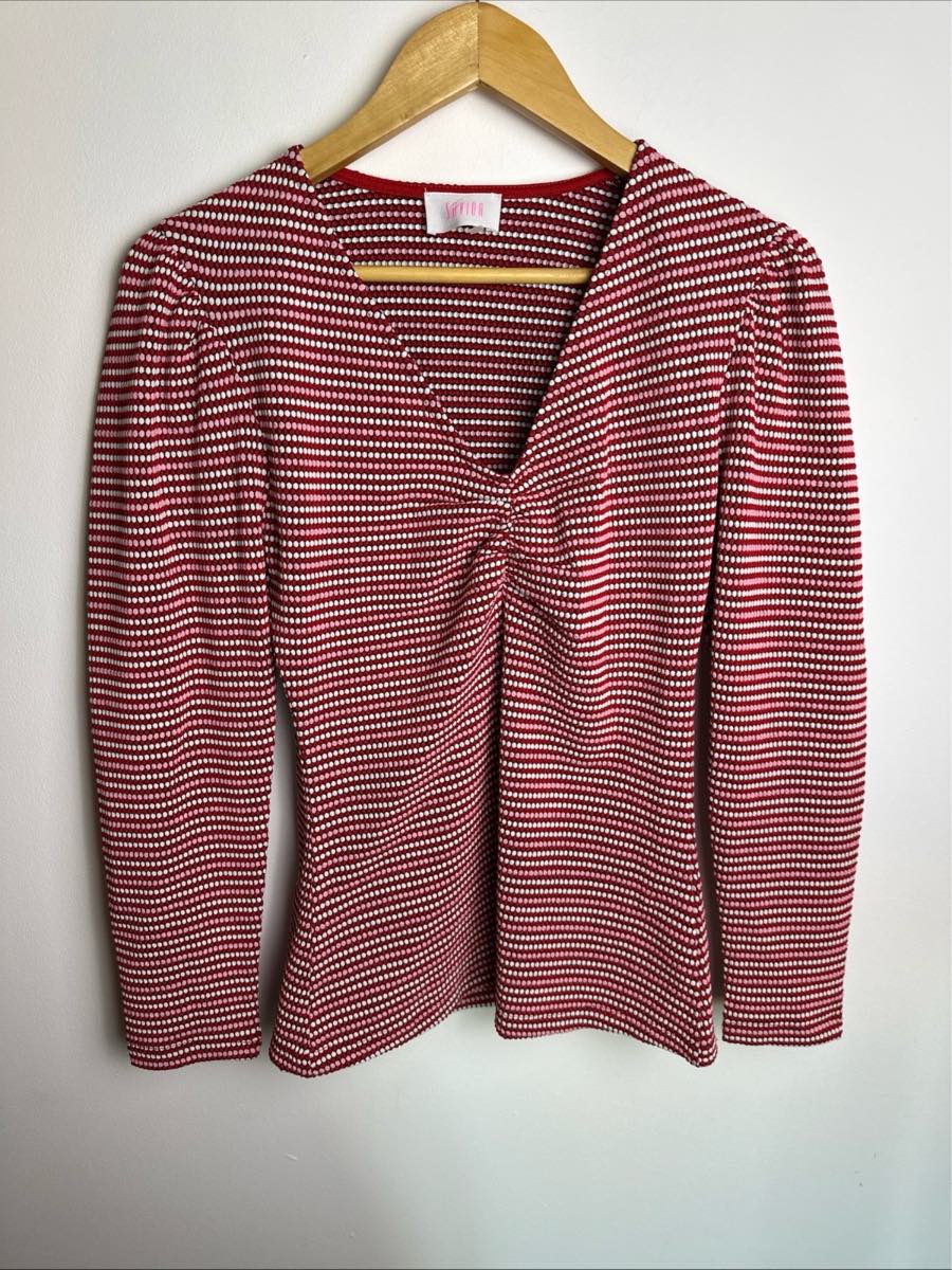 Savida Red Geometric Twist Front Top UK 10 EU 38 Long Sleeve Stretch Blouse