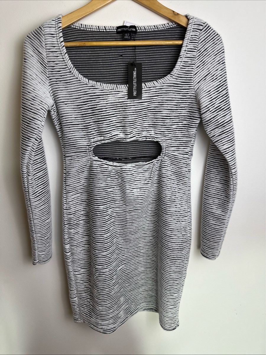 PrettyLittleThing Monochrome Stripe Cut Out Bodycon Mini Dress UK 10 BNWT