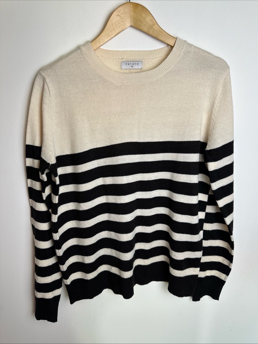 Papaya Cream Black Striped Knit Jumper UK 12 Long Sleeve Soft Sweater