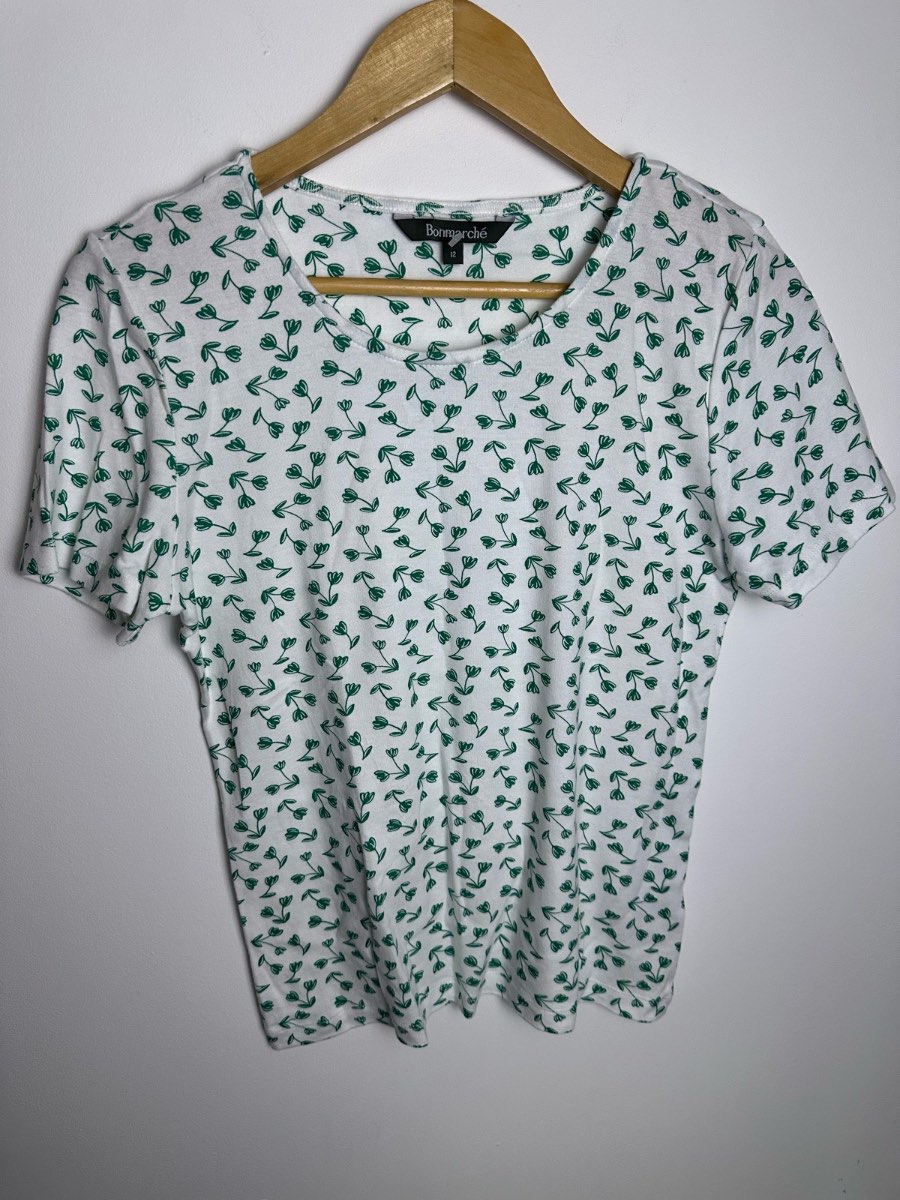 Bonmarché White Green Floral Cotton T-Shirt Size 12