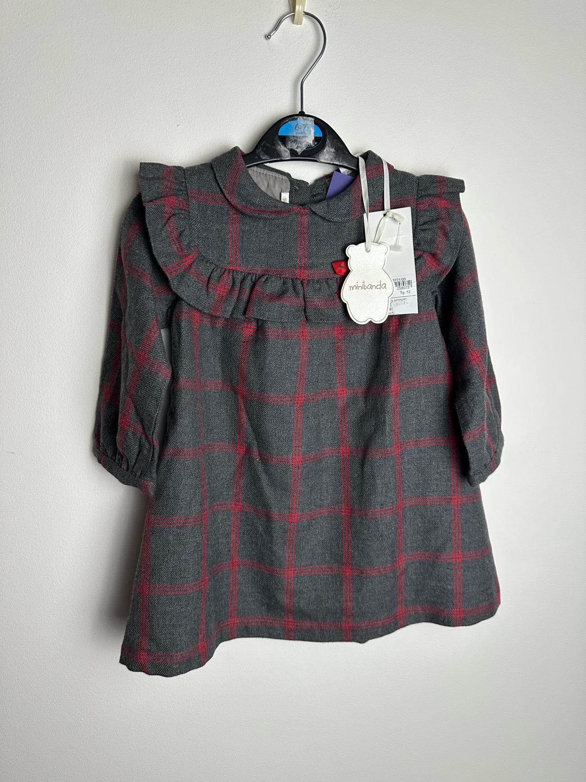 BNWT Minibanda Baby Girls Check Dress 12 Months Grey Pink Ruffle Cotton