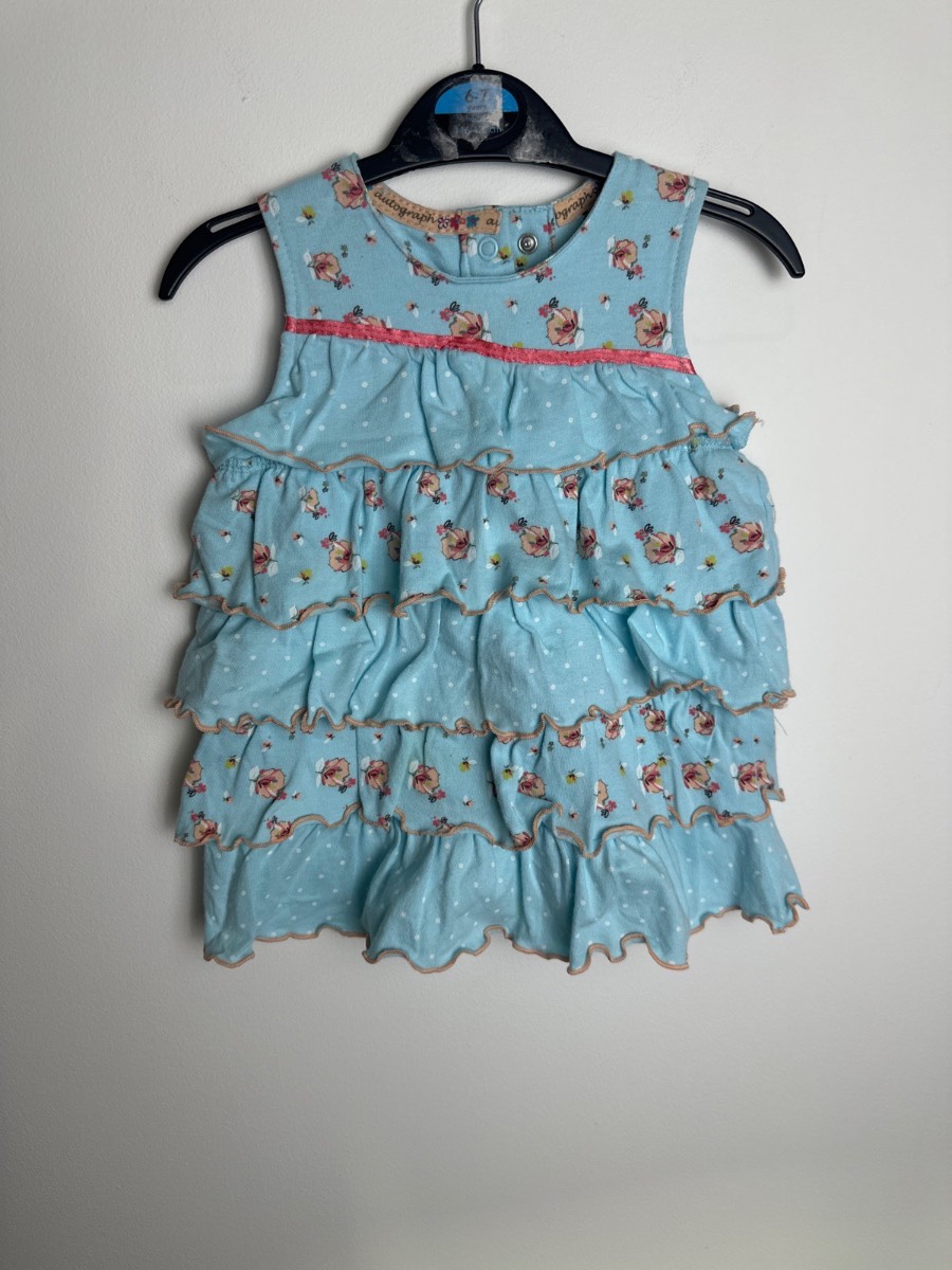 M&S Baby Girls Blue Floral Frill Dress 12-18 Months Cotton 2 Piece Set