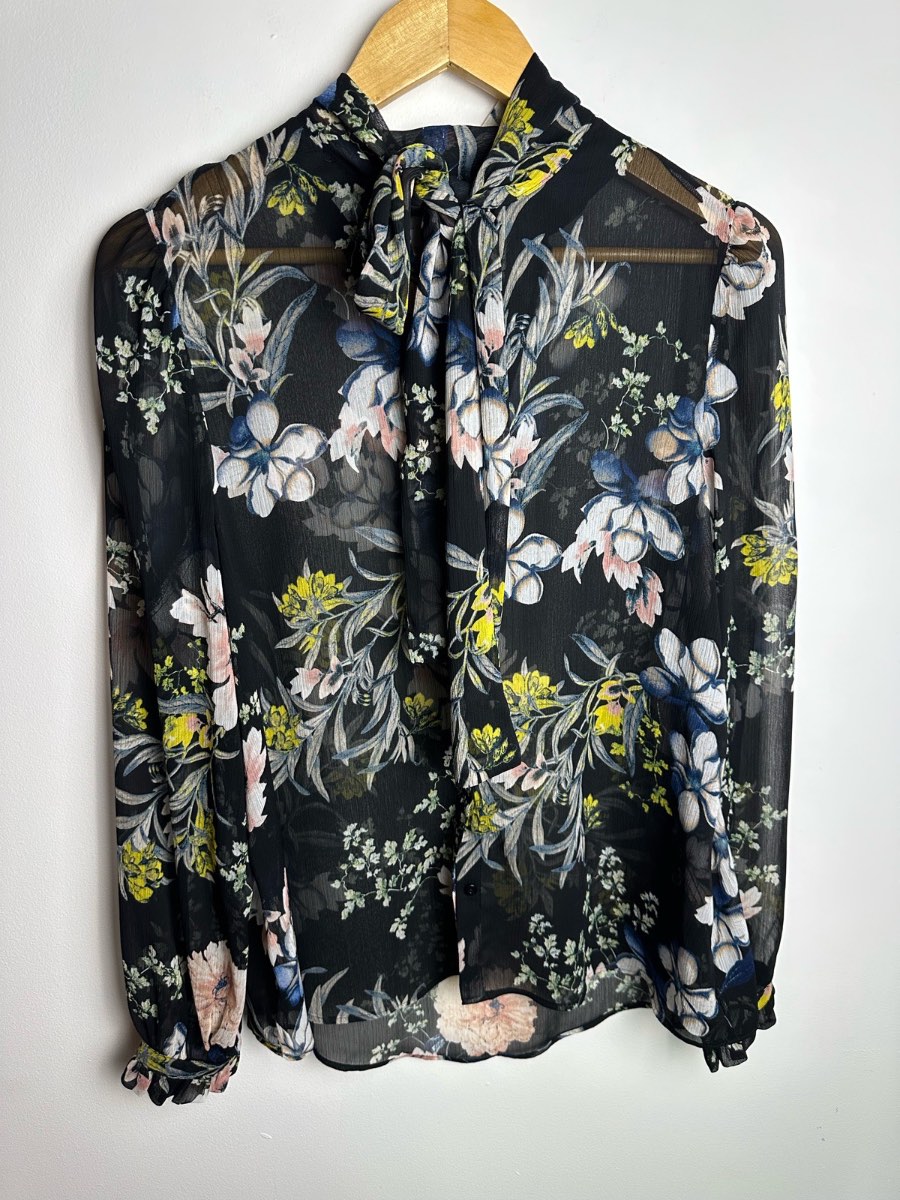 M&S Floral Tie Neck Blouse UK 16 Black Sheer Long Sleeve Chiffon Top Smart Office