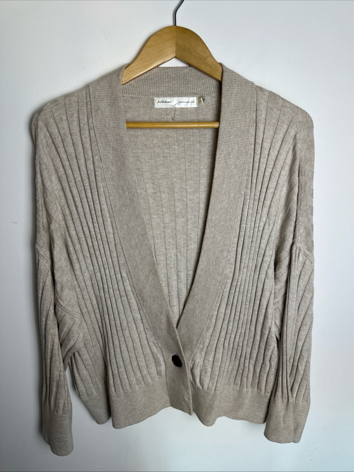InWear Womens Cardigan Size L Beige Ribbed Knit 3/4 Sleeve Button Front