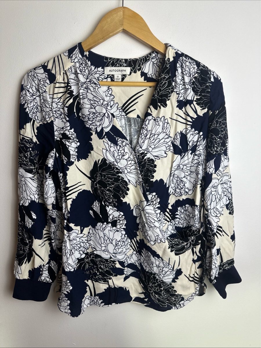 Autograph M&S Women’s Floral Wrap Blouse UK 12 Navy White Long Sleeve Smart Top