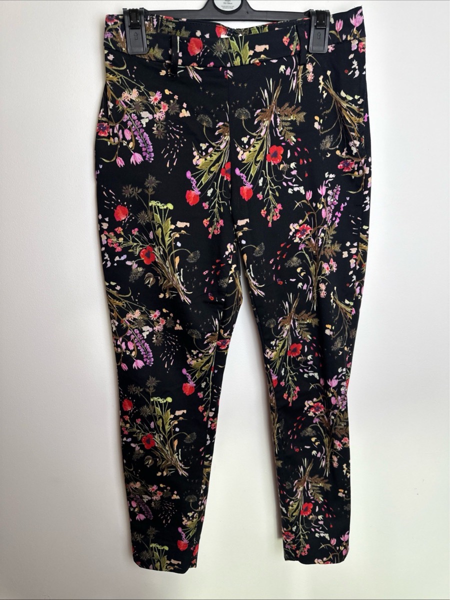 H&M Floral Slim Ankle Trousers Black Multicolour Stretch UK 8 EU 36