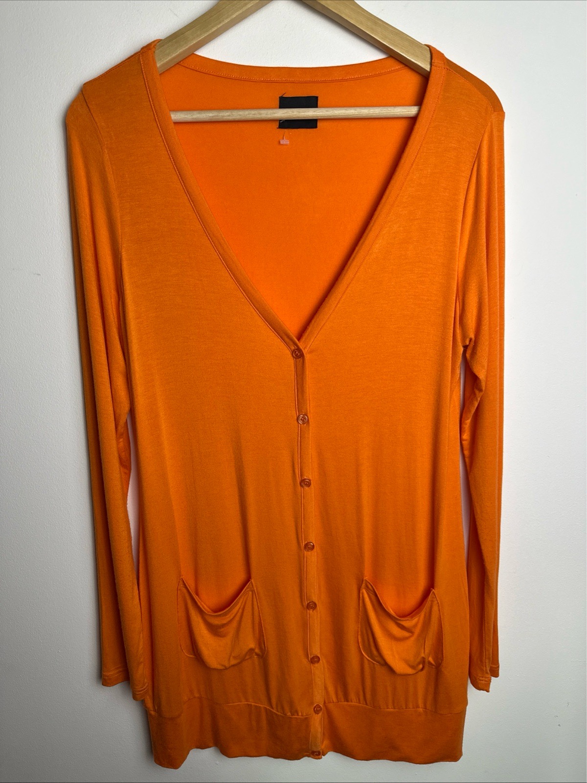 B.YOU Womens Long Cardigan UK 12 Orange Button Front V Neck Pockets Viscose