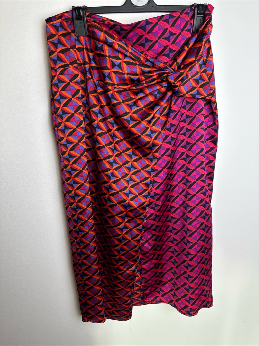 FW Bridge Geometric Satin Midi Skirt UK 12 Pink Orange Purple Draped Wrap