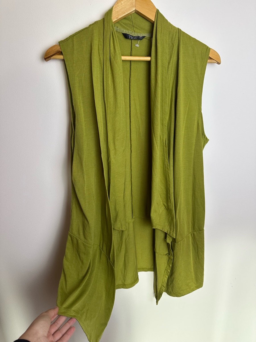 TIGI Sleeveless Waterfall Cardigan Olive Green Open Front Waistcoat UK14