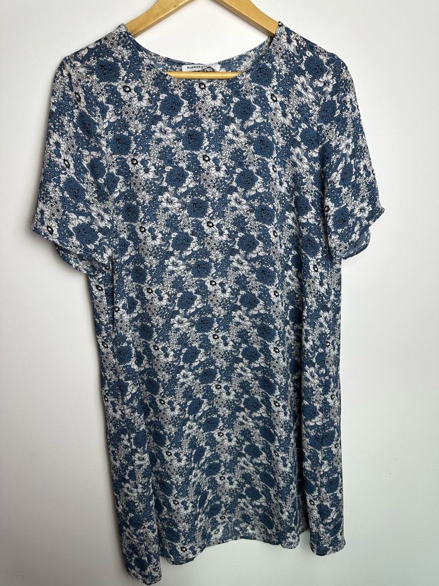 Glamorous Tall Blue White Floral Tunic Dress UK 12 Short Sleeve Casual Oversized