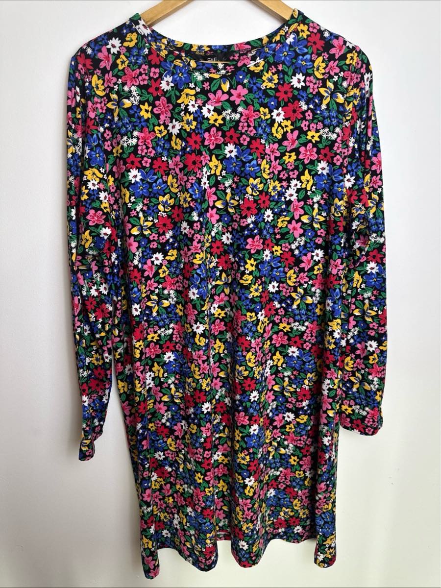 F&F Floral Swing Dress Womens UK 20 Black Pink Blue Long Sleeve