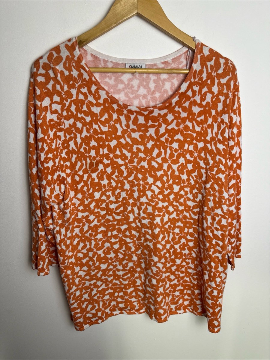 Damart Women’s Orange Floral Top UK 18-20 L 3/4 Sleeve Soft Stretch Casual