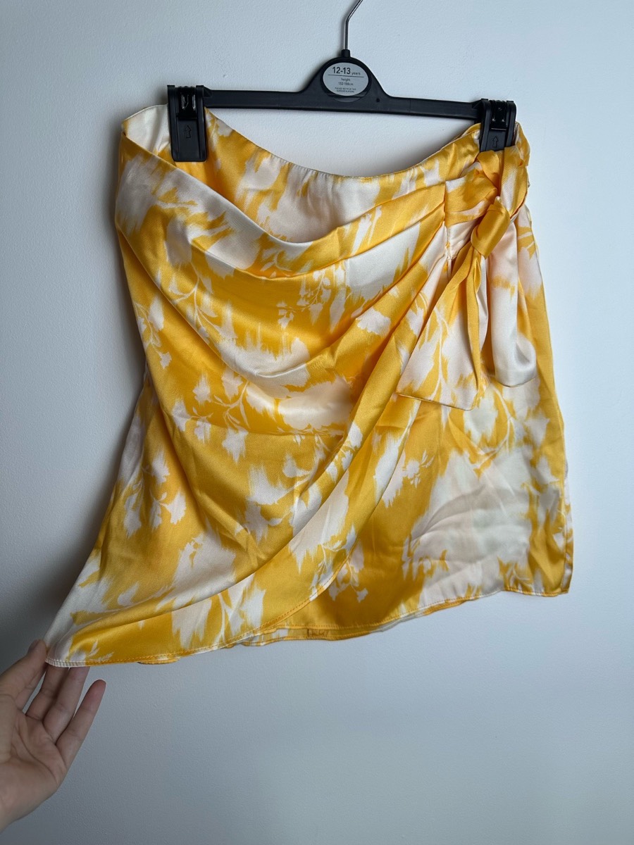River Island Satin Wrap Mini Skirt Yellow Floral UK12 BNWT Ruched Tie Side