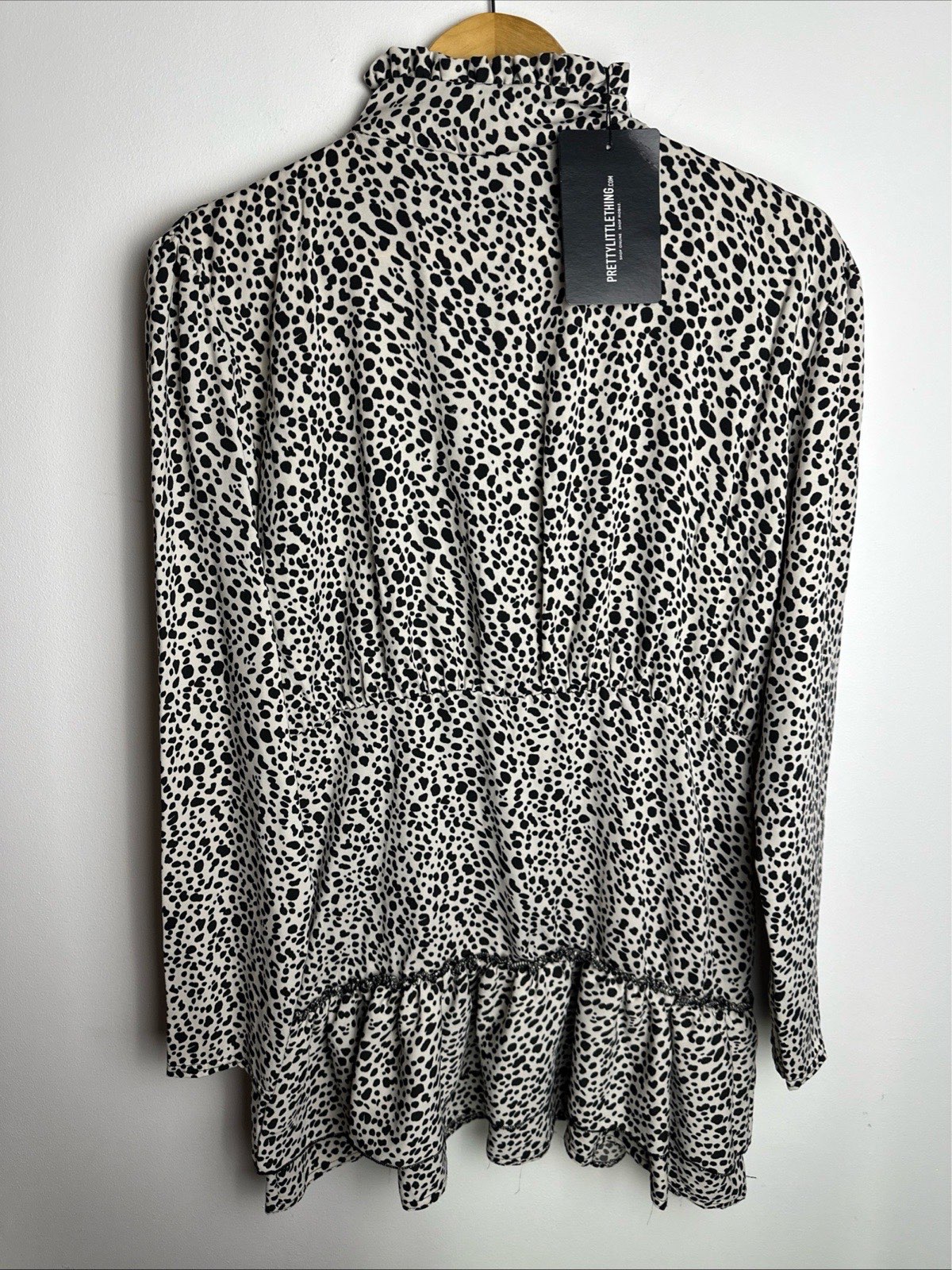 PrettyLittleThing Dalmatian Print High Neck Frill Hem Top UK 14 NWT