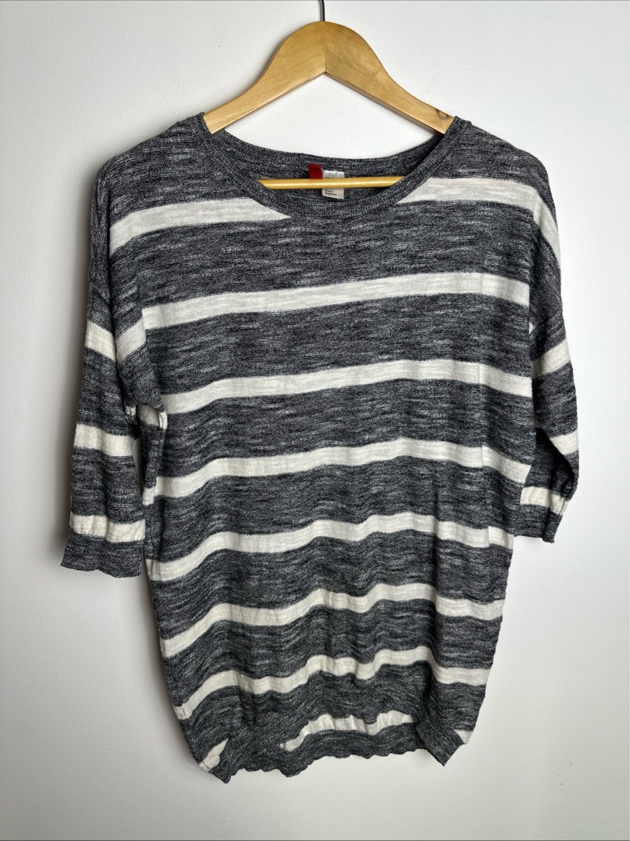 H&M Divided Grey White Striped Cotton Jumper Womens UK 8 EUR 38 Casual Knit Top