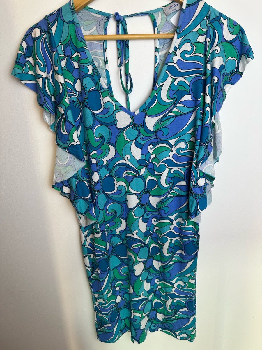 Oasis Blue Green Retro Floral Print Flutter Sleeve Dress UK 8