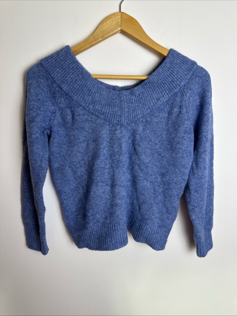 H&M Blue Wool Blend Off Shoulder Knit Jumper Size S Soft Cozy