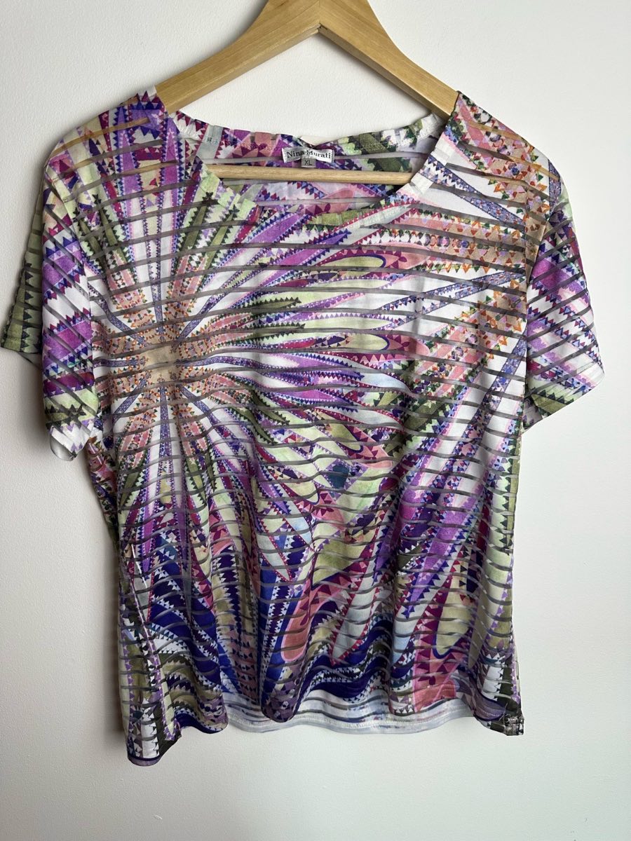 Nina Murati Womens Mesh Sheer Top XL Purple Abstract Geometric Print Short Sleeve