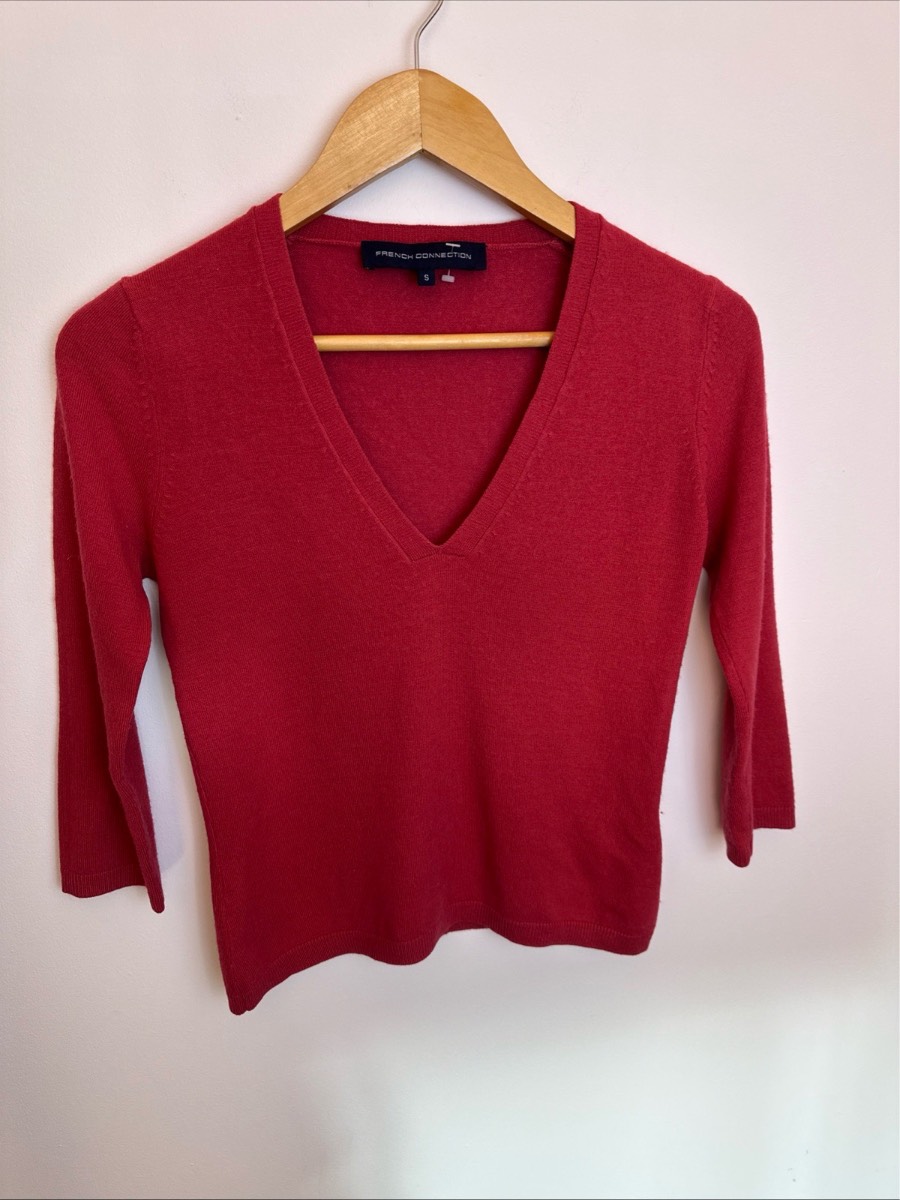 French Connection Pink Wool Blend V Neck Jumper Size S 3/4 Sleeve Knit Sweater