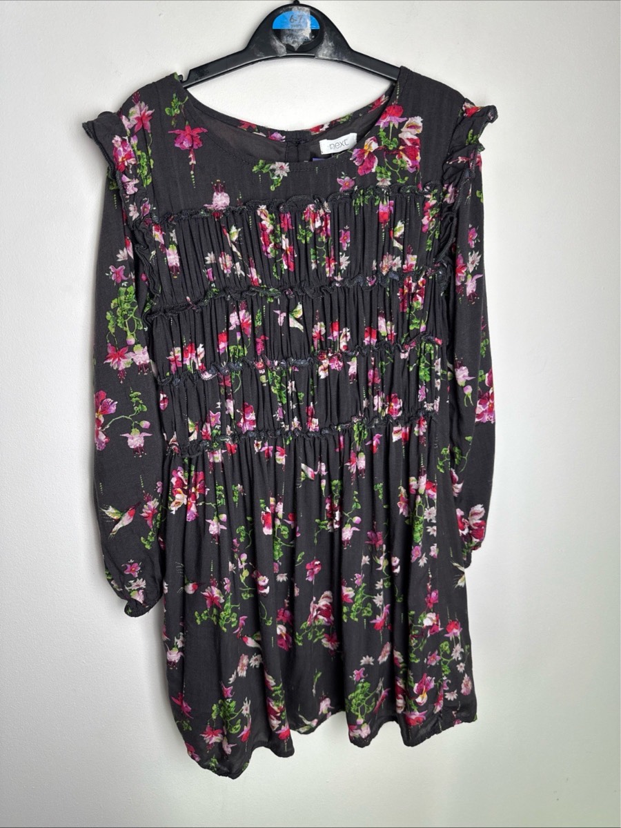 Next Girls Floral Smocked Dress Grey Pink 7 Years 122cm 100% Viscose Cotton Lined