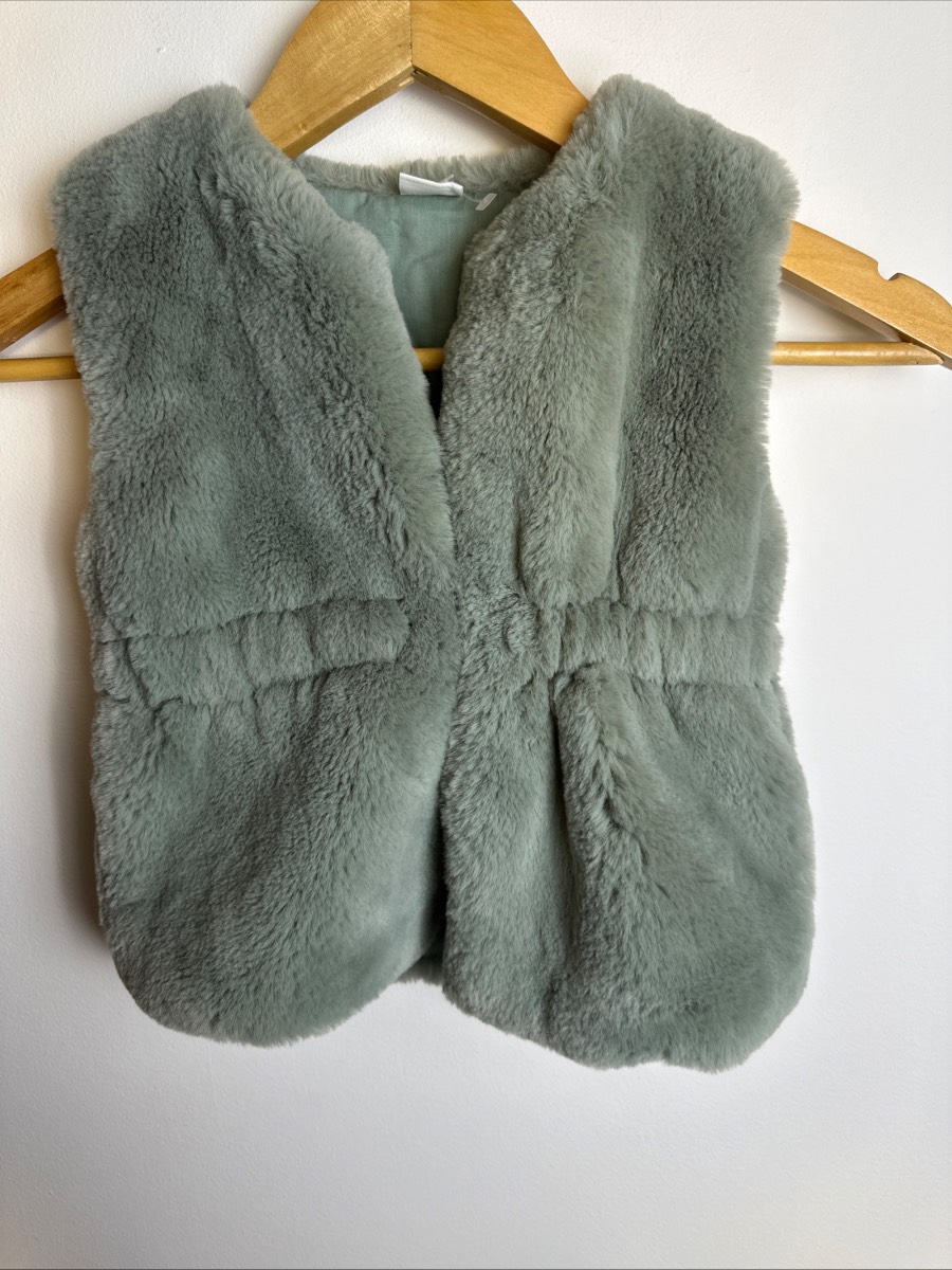 Next Girls Faux Fur Gilet Age 2-3 Years Sage Green Soft Fluffy Bodywarmer