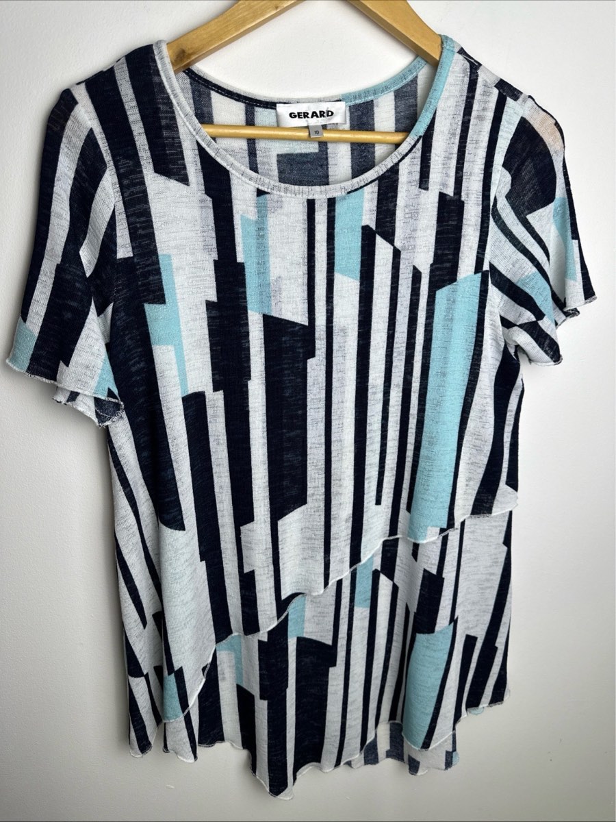 Gerard Layered Stripe Top UK 10 Blue White Geometric Stretch Blouse